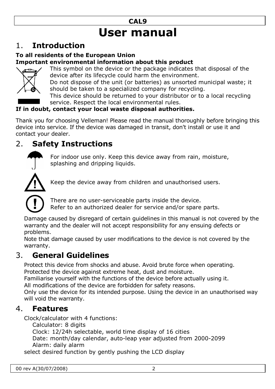 User manual, Introduction, Safety instructions | General guidelines, Features | Velleman CAL9 User Manual | Page 2 / 16