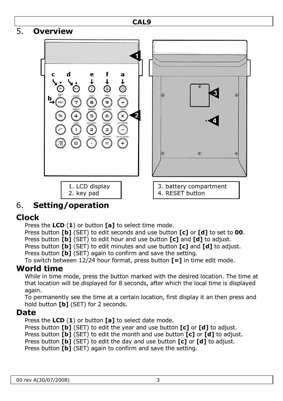 Overview, Setting/operation clock, World time | Date | Velleman CAL9 User Manual | Page 3 / 16