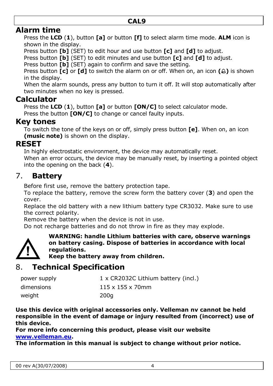 Alarm time, Calculator, Key tones | Reset, Battery, Technical specification | Velleman CAL9 User Manual | Page 4 / 16