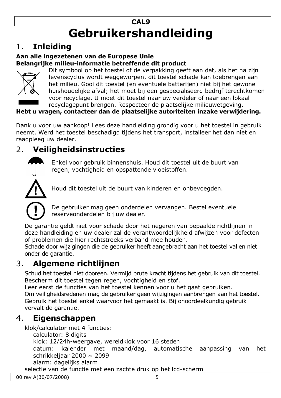 Gebruikershandleiding, Inleiding, Veiligheidsinstructies | Algemene richtlijnen, Eigenschappen | Velleman CAL9 User Manual | Page 5 / 16