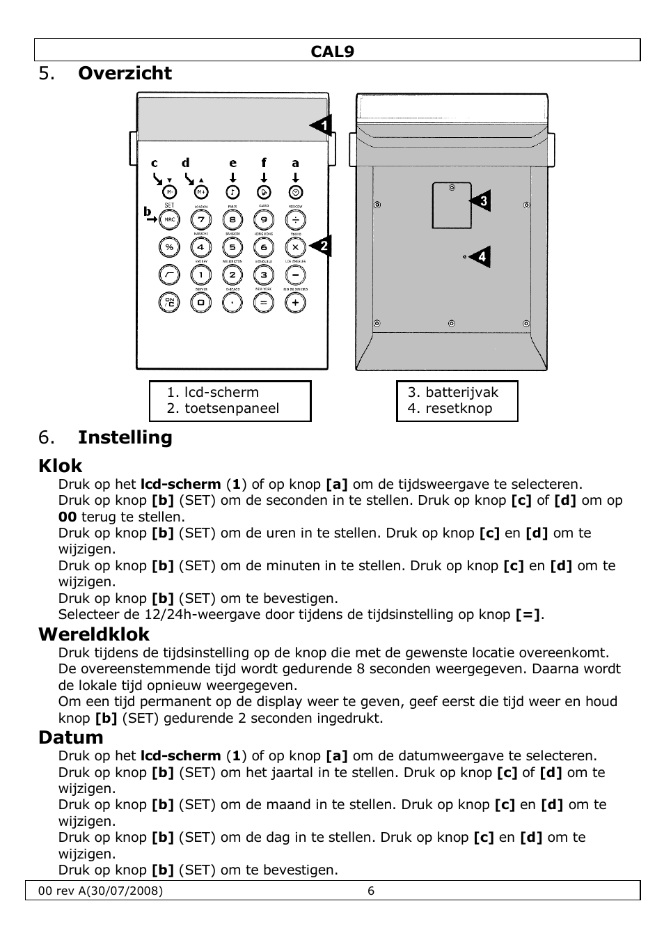 Overzicht, Instelling klok, Wereldklok | Datum | Velleman CAL9 User Manual | Page 6 / 16