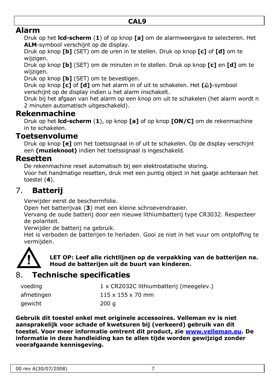 Alarm, Rekenmachine, Toetsenvolume | Resetten, Batterij, Technische specificaties | Velleman CAL9 User Manual | Page 7 / 16