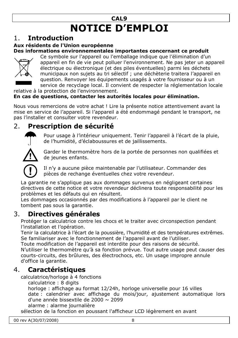 Notice d’emploi, Introduction, Prescription de sécurité | Directives générales, Caractéristiques | Velleman CAL9 User Manual | Page 8 / 16