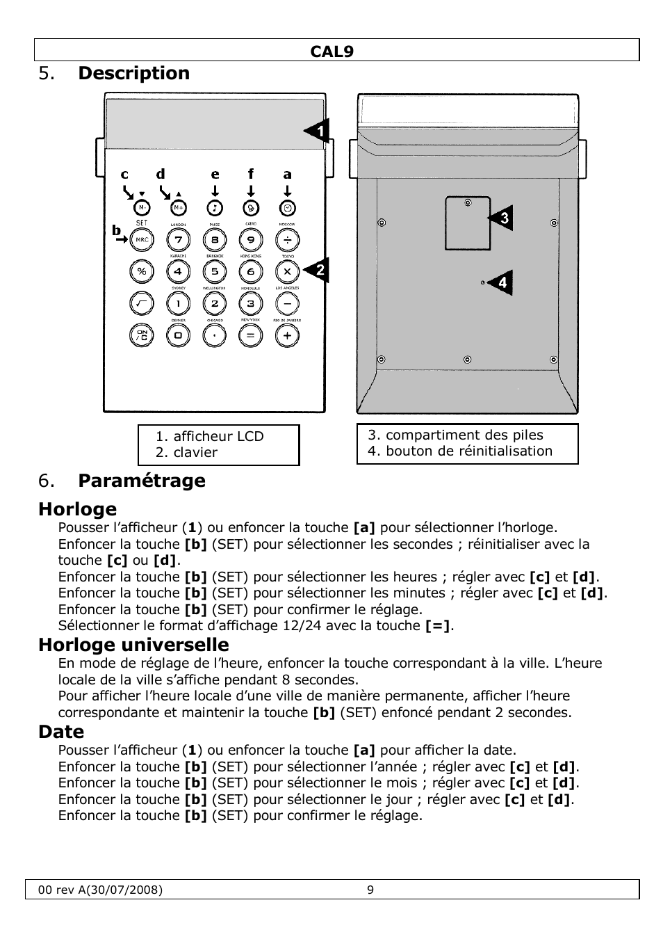 Description, Paramétrage horloge, Horloge universelle | Date | Velleman CAL9 User Manual | Page 9 / 16