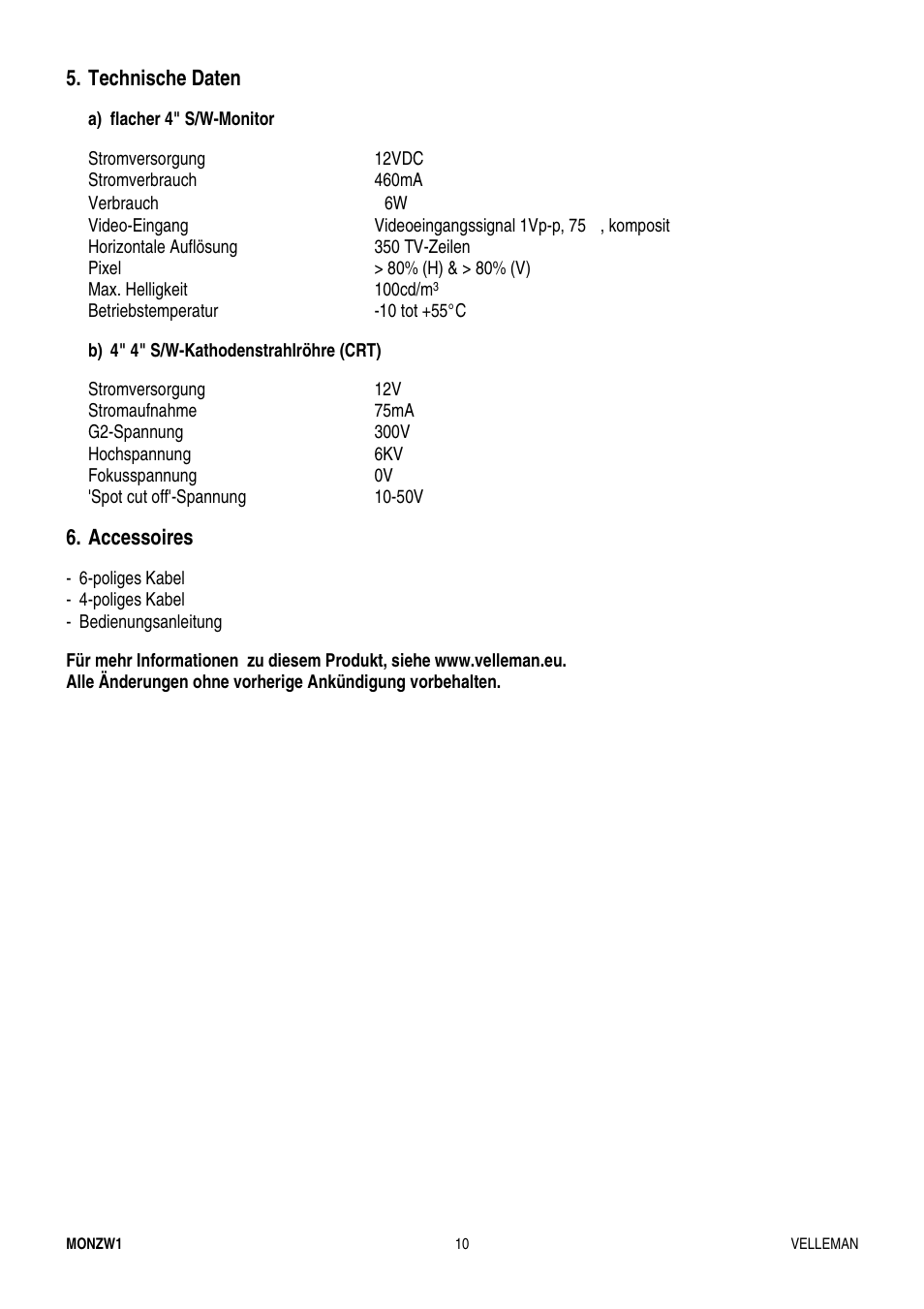 Technische daten, Accessoires | Velleman MONZW1 User Manual | Page 10 / 10