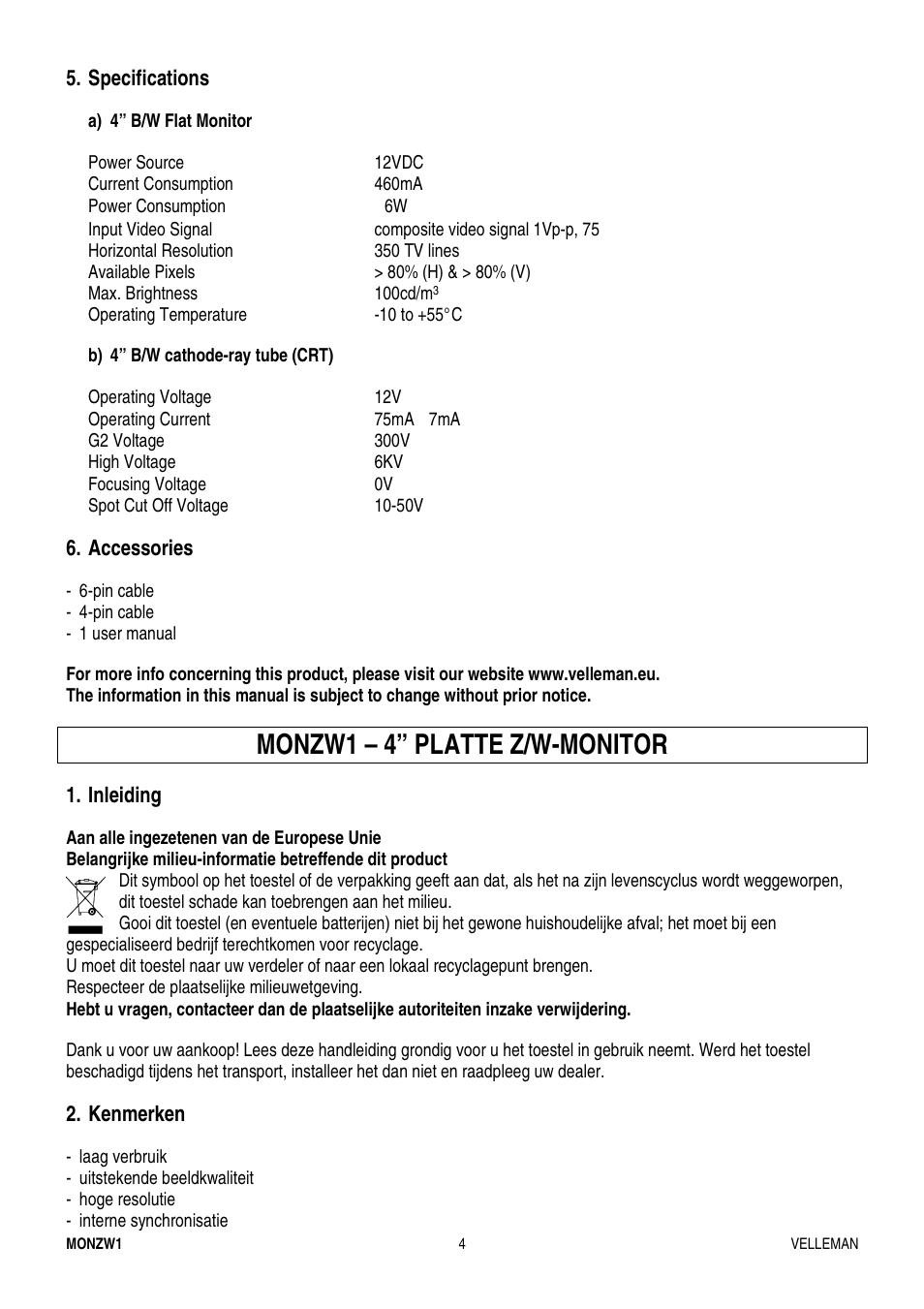 Monzw1 – 4” platte z/w-monitor | Velleman MONZW1 User Manual | Page 4 / 10