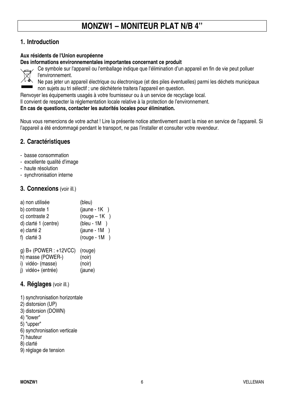 Monzw1 – moniteur plat n/b 4 | Velleman MONZW1 User Manual | Page 6 / 10
