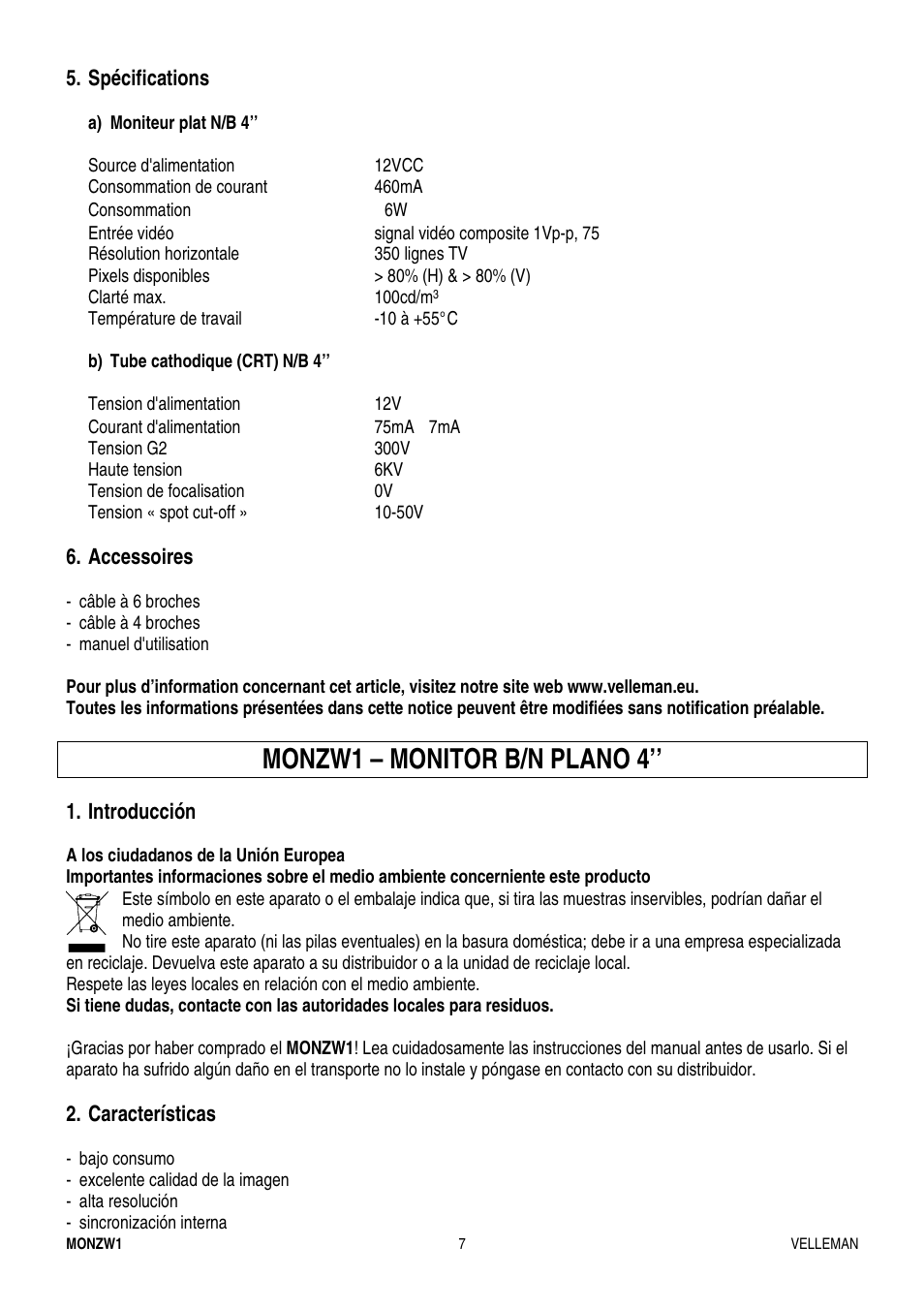 Monzw1 – monitor b/n plano 4 | Velleman MONZW1 User Manual | Page 7 / 10