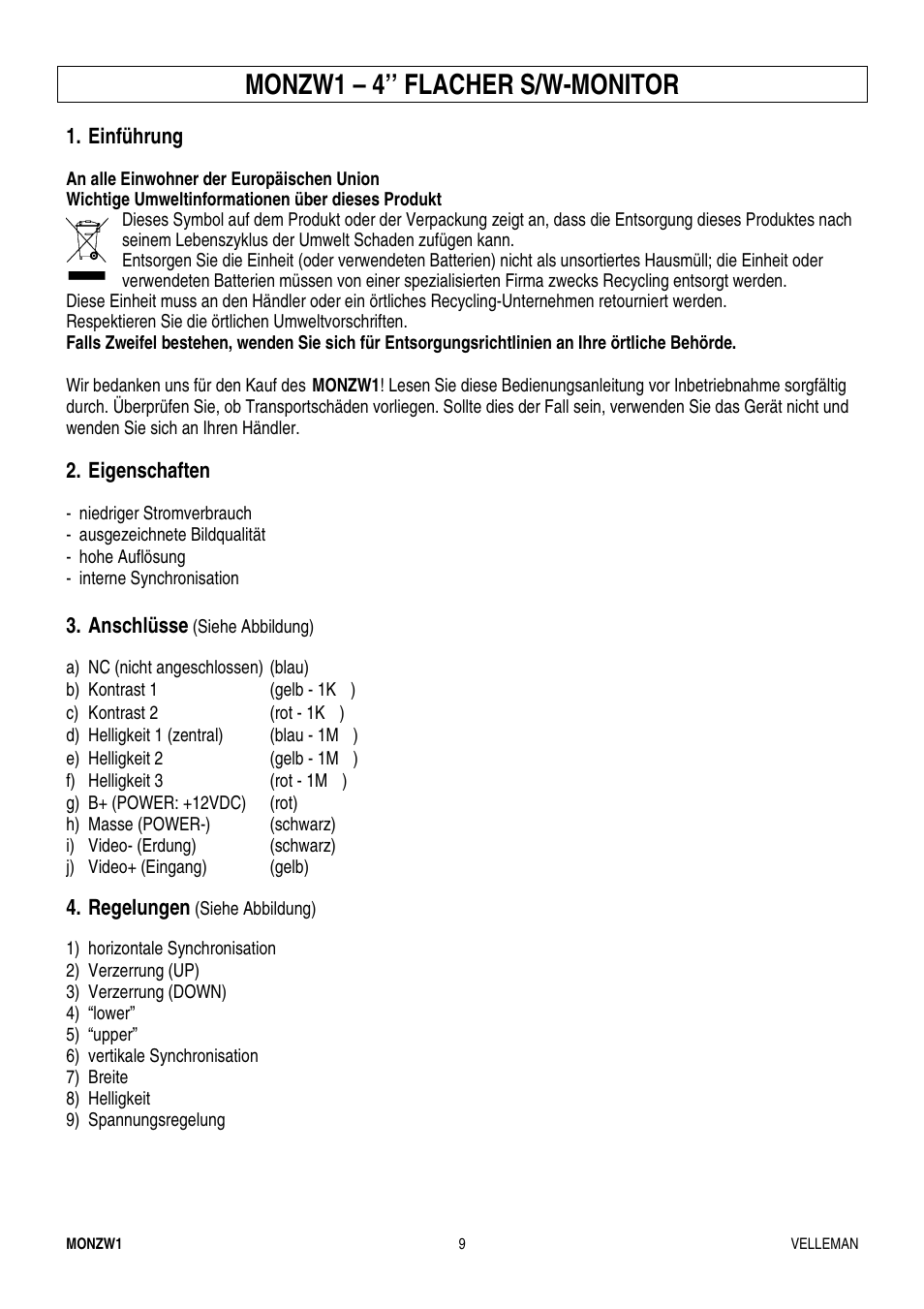Monzw1 – 4’’ flacher s/w-monitor | Velleman MONZW1 User Manual | Page 9 / 10