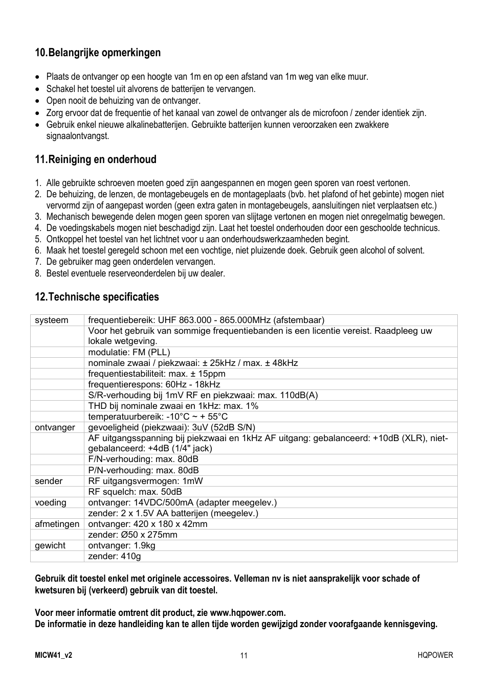 Belangrijke opmerkingen, Reiniging en onderhoud, Technische specificaties | Velleman MICW41 User Manual | Page 11 / 34