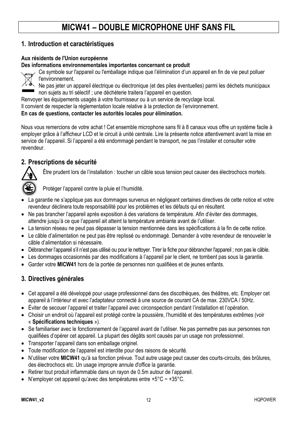 Micw41 – double microphone uhf sans fil | Velleman MICW41 User Manual | Page 12 / 34