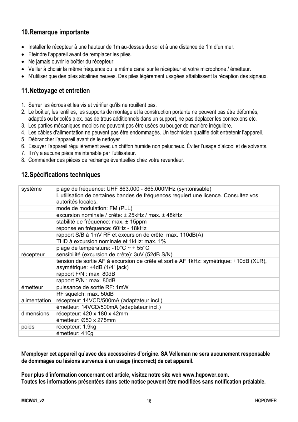 Remarque importante, Nettoyage et entretien, Spécifications techniques | Velleman MICW41 User Manual | Page 16 / 34