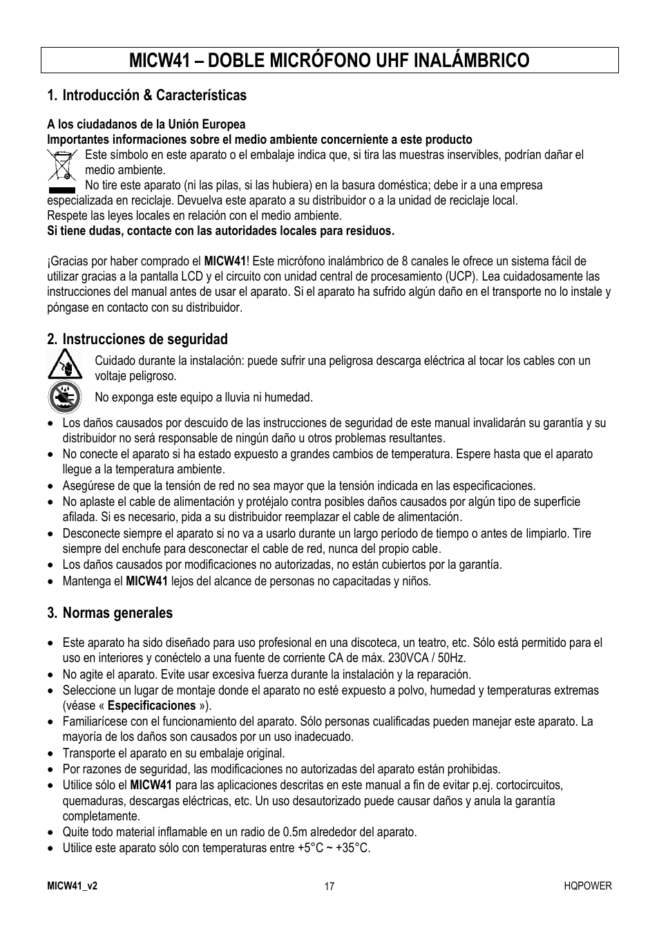 Micw41 – doble micrófono uhf inalámbrico | Velleman MICW41 User Manual | Page 17 / 34
