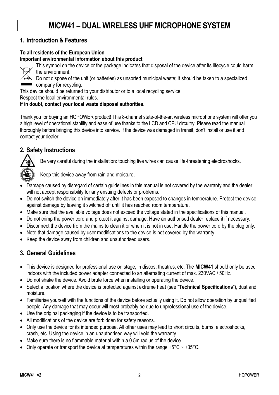 Micw41 – dual wireless uhf microphone system | Velleman MICW41 User Manual | Page 2 / 34