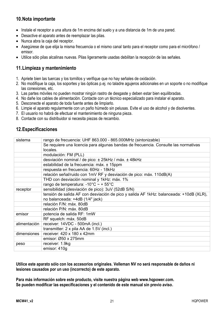 Nota importante, Limpieza y mantenimiento, Especificaciones | Velleman MICW41 User Manual | Page 21 / 34