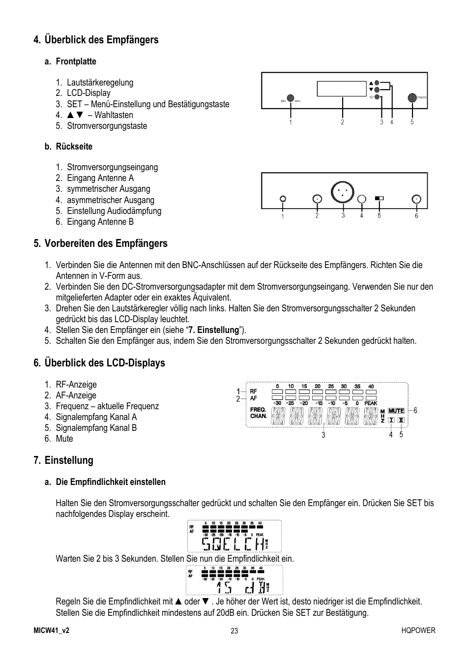 Überblick des empfängers, Vorbereiten des empfängers, Überblick des lcd-displays | Einstellung | Velleman MICW41 User Manual | Page 23 / 34