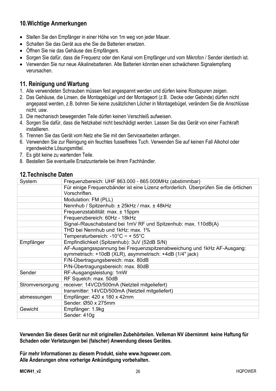 Wichtige anmerkungen, Reinigung und wartung, Technische daten | Velleman MICW41 User Manual | Page 26 / 34