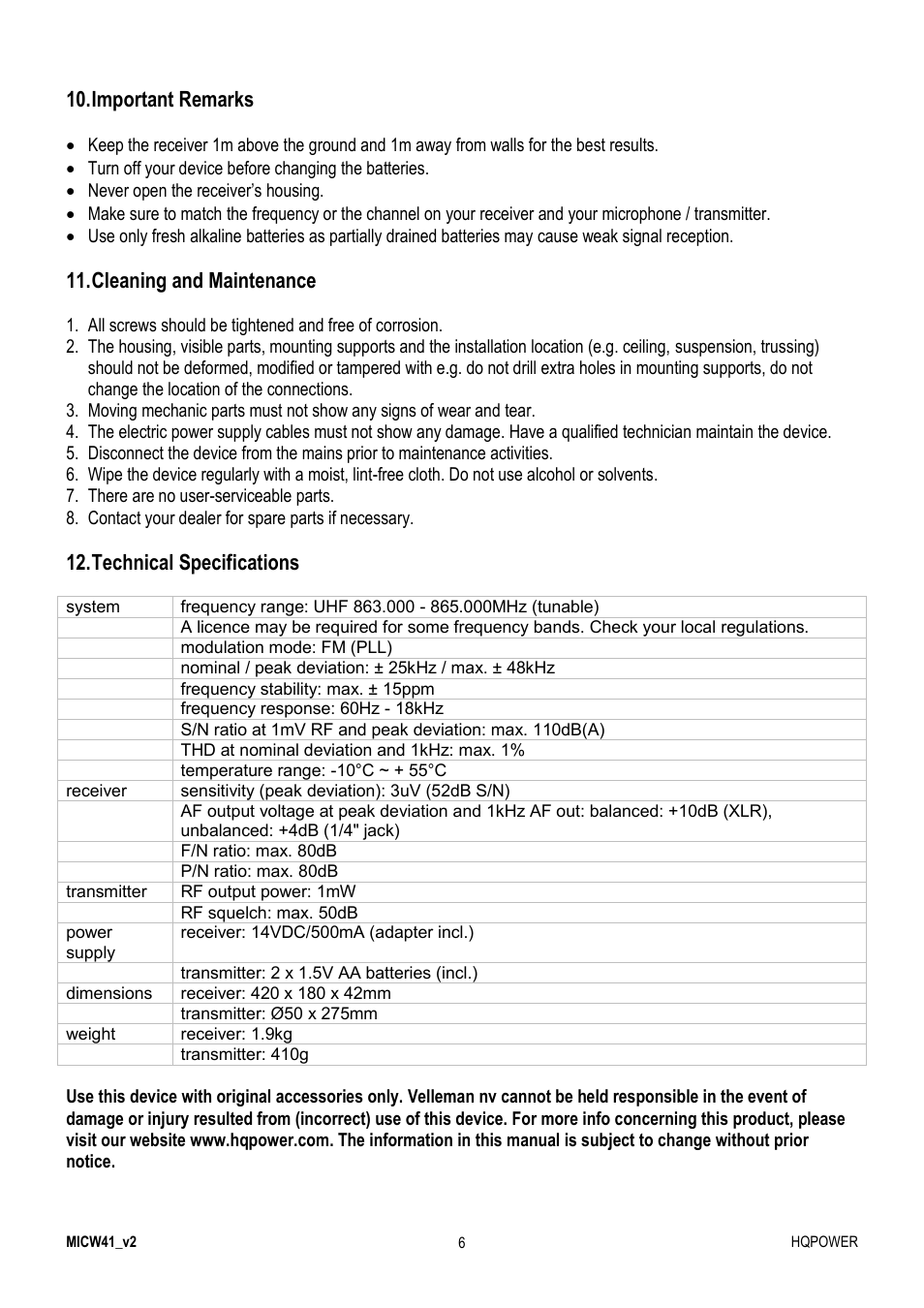 Important remarks, Cleaning and maintenance, Technical specifications | Velleman MICW41 User Manual | Page 6 / 34