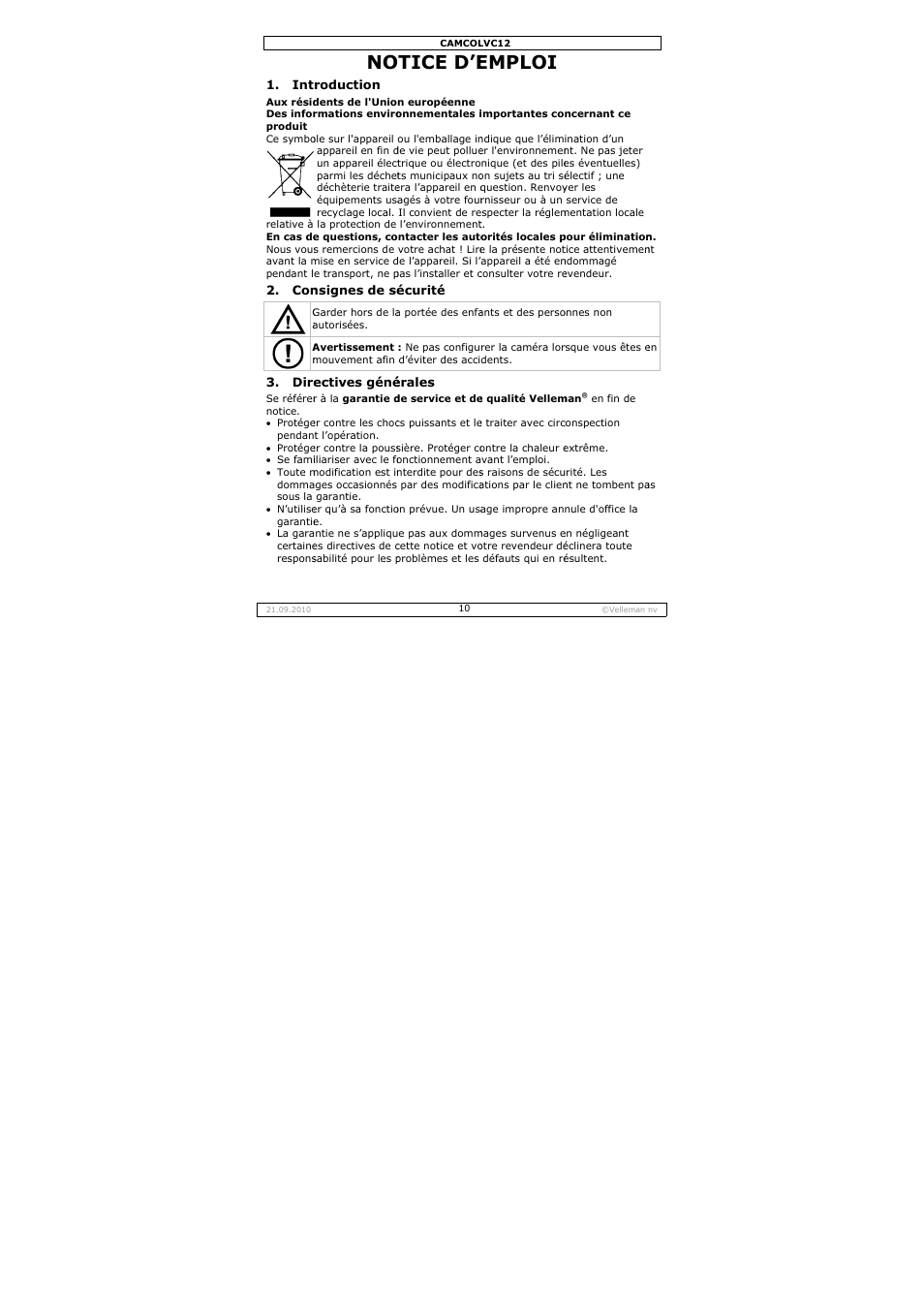 Tice d’e, Emploi | Velleman CAMCOLVC12 User Manual | Page 10 / 24