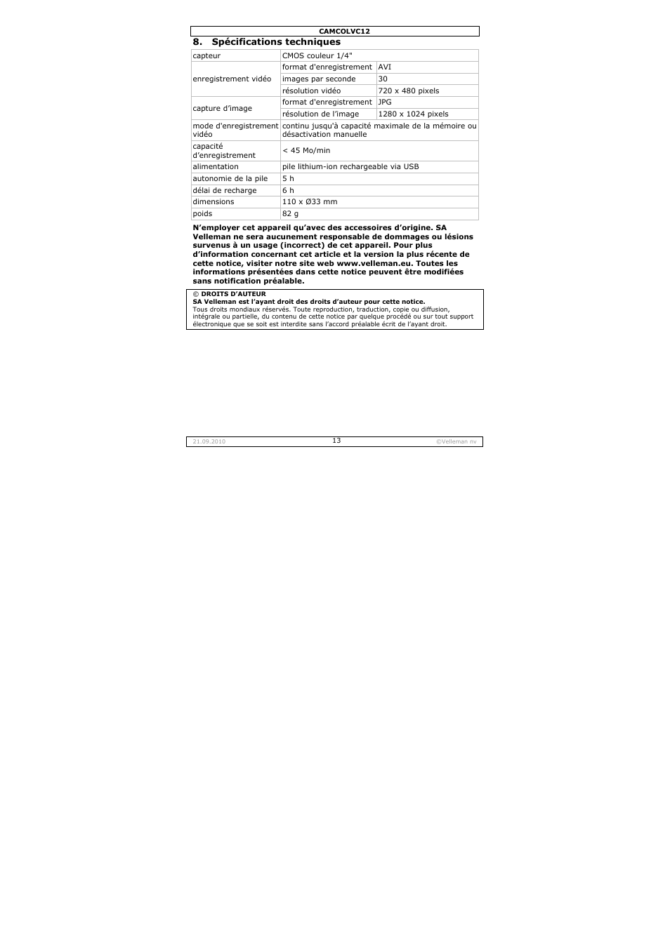 Velleman CAMCOLVC12 User Manual | Page 13 / 24