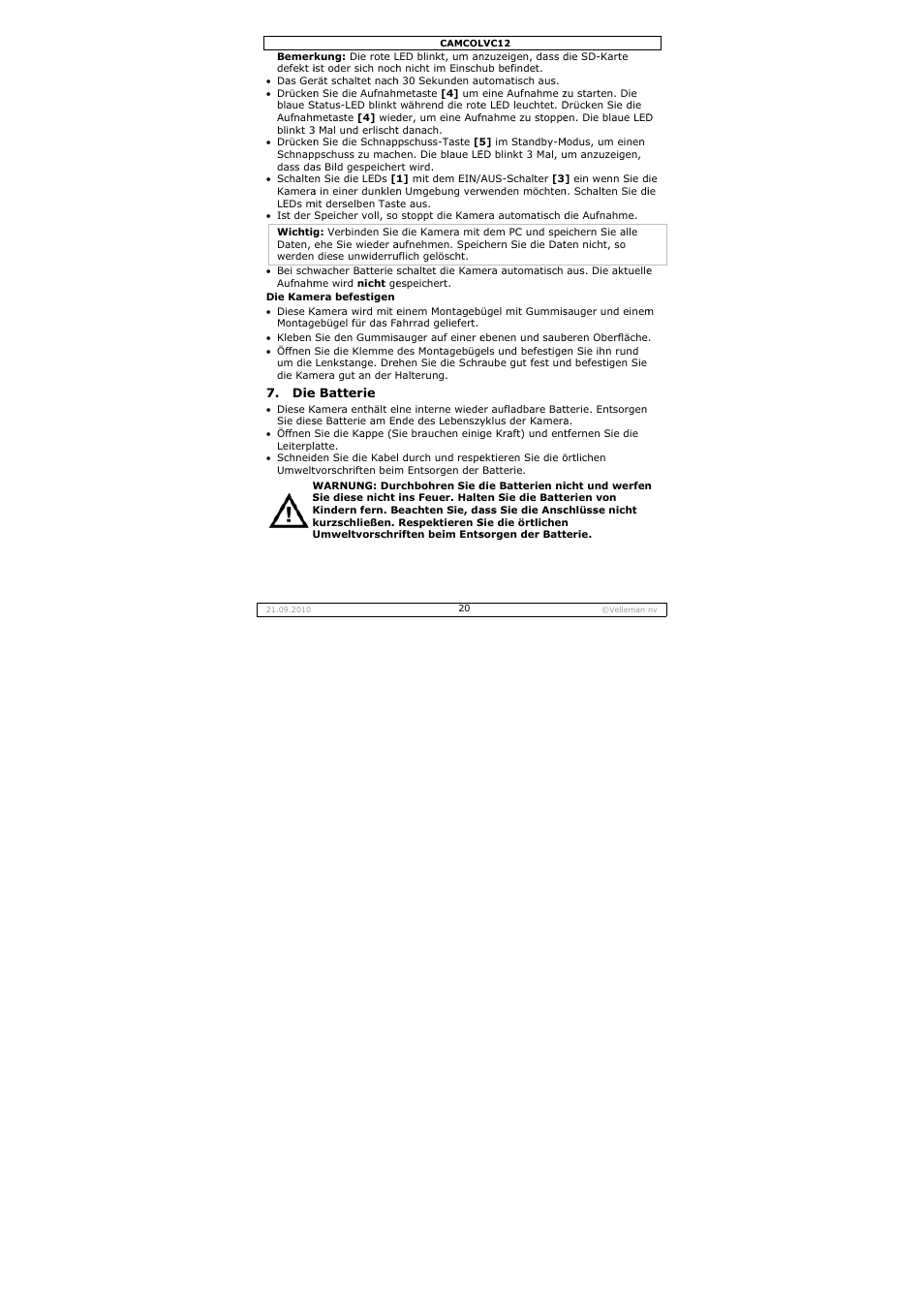 Velleman CAMCOLVC12 User Manual | Page 20 / 24
