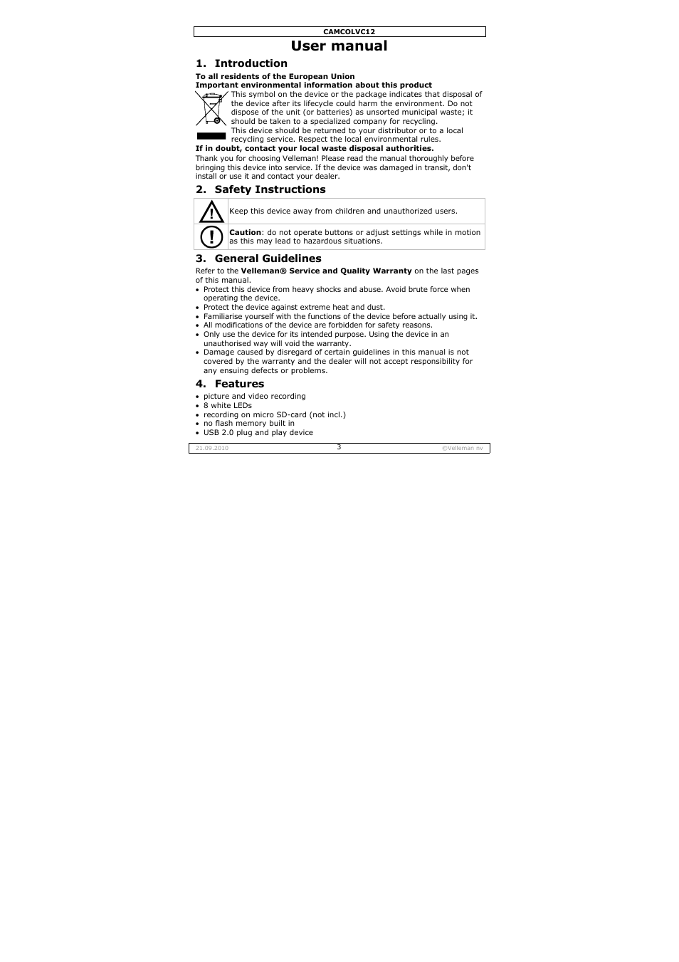 User ma, Nual, Troduction | Fety instruc, Neral guide, Atures, Ctions, Elines | Velleman CAMCOLVC12 User Manual | Page 3 / 24