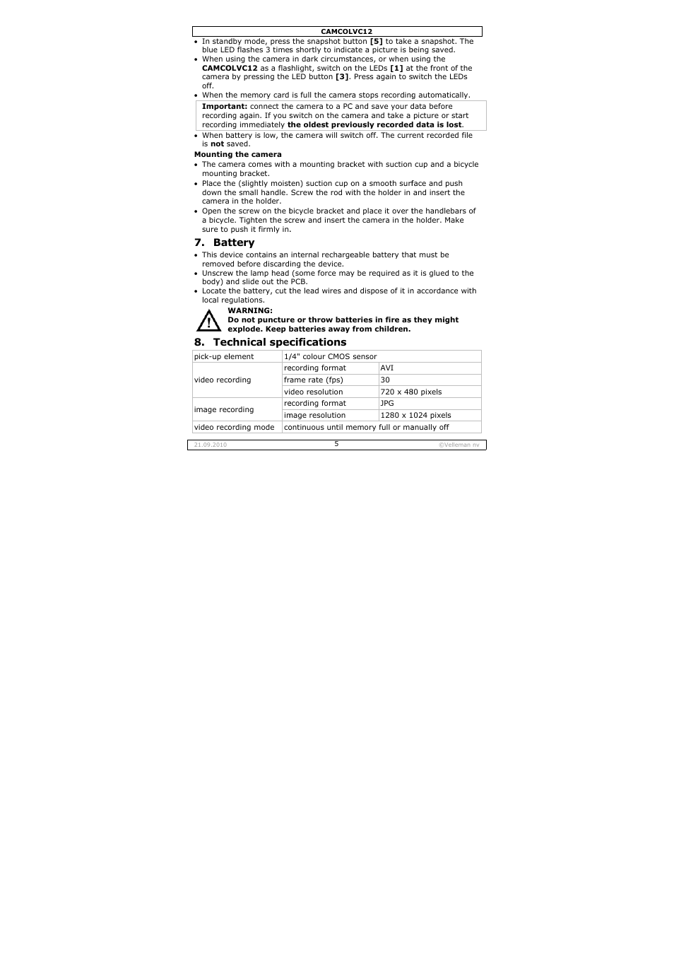 Ttery, Chnical spec, Cifications | Velleman CAMCOLVC12 User Manual | Page 5 / 24