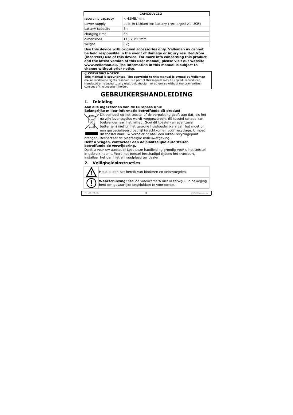 Gebrui, Ikersha, Andleid | Velleman CAMCOLVC12 User Manual | Page 6 / 24