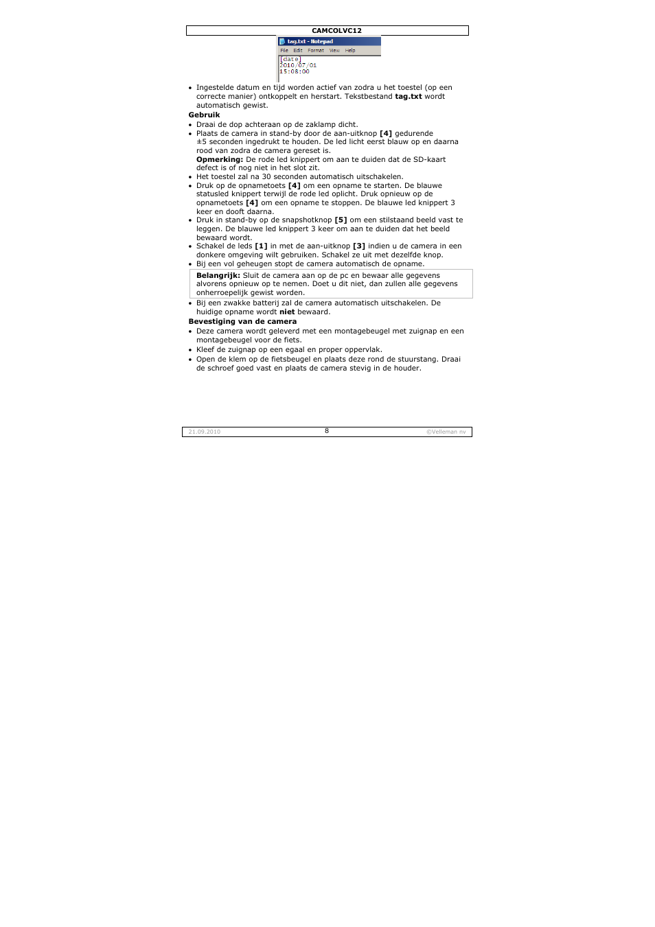 Velleman CAMCOLVC12 User Manual | Page 8 / 24