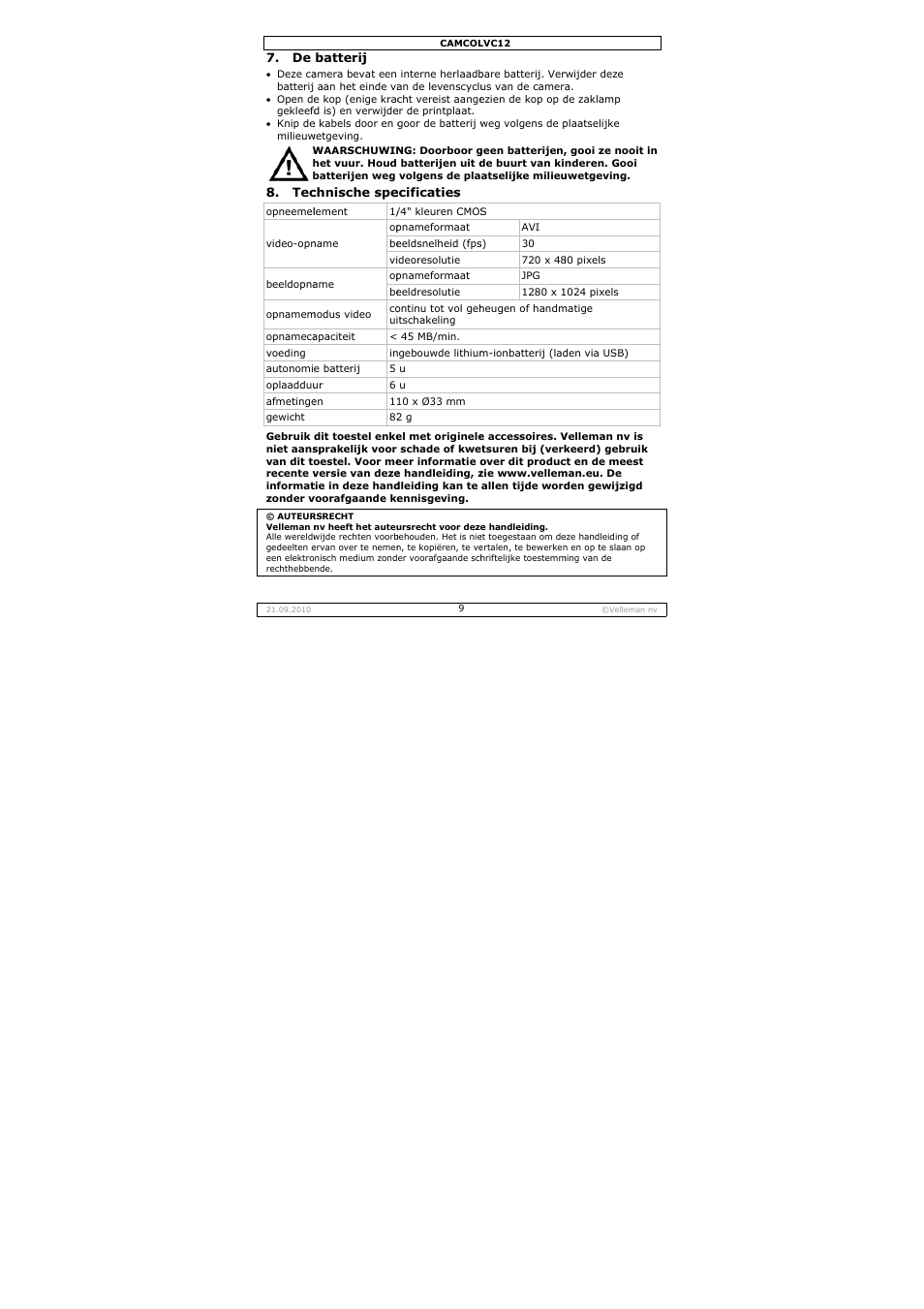 Velleman CAMCOLVC12 User Manual | Page 9 / 24