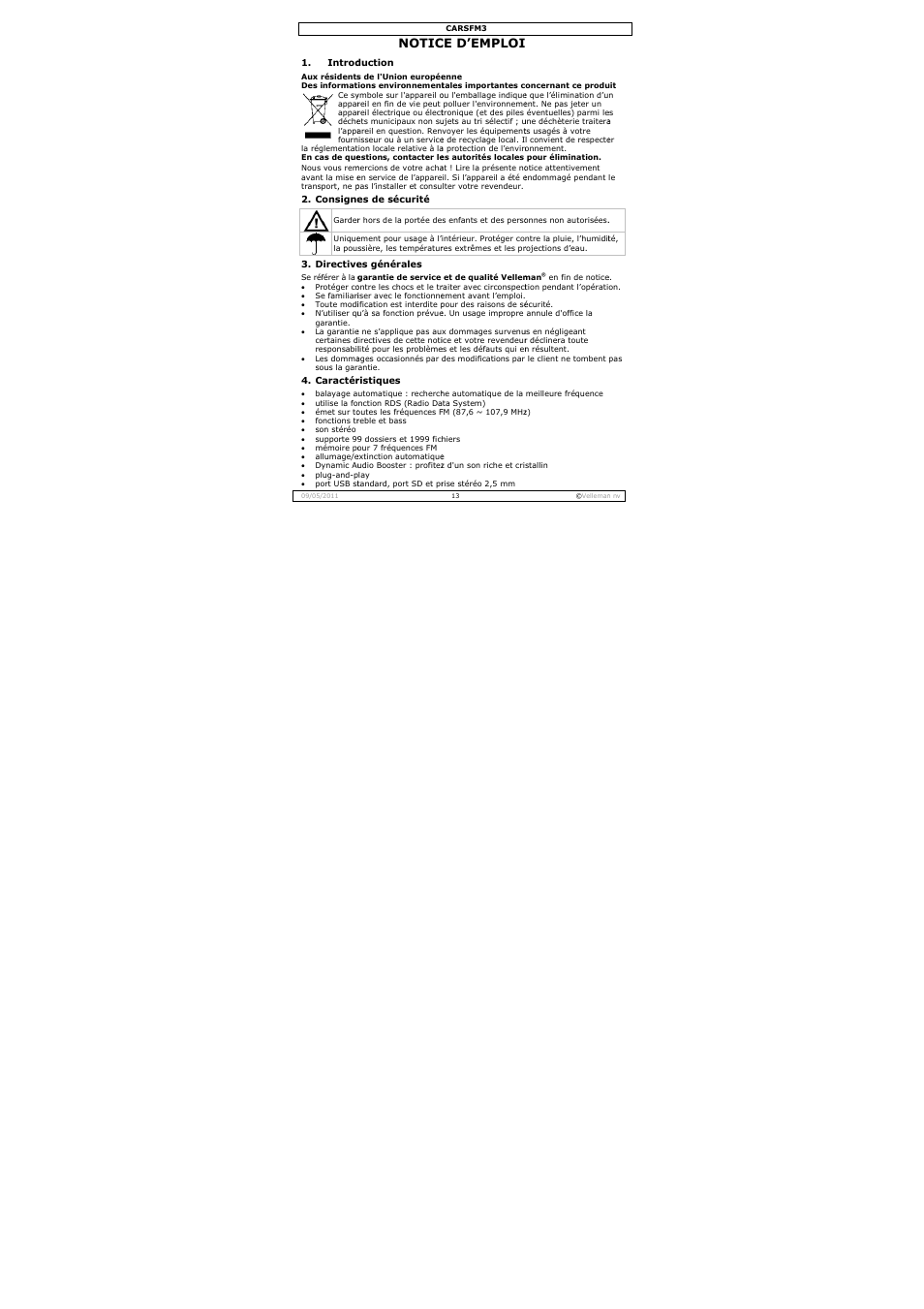 Notice d'emploi, Notic, Ce d’emploi | Velleman CARSFM3 User Manual | Page 13 / 32