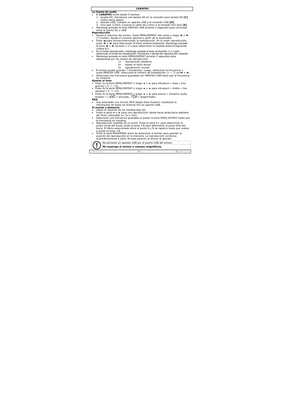 Velleman CARSFM3 User Manual | Page 21 / 32