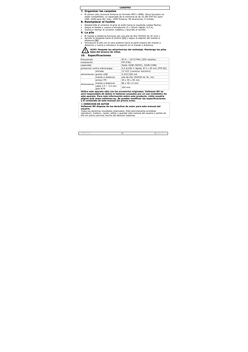 Velleman CARSFM3 User Manual | Page 22 / 32