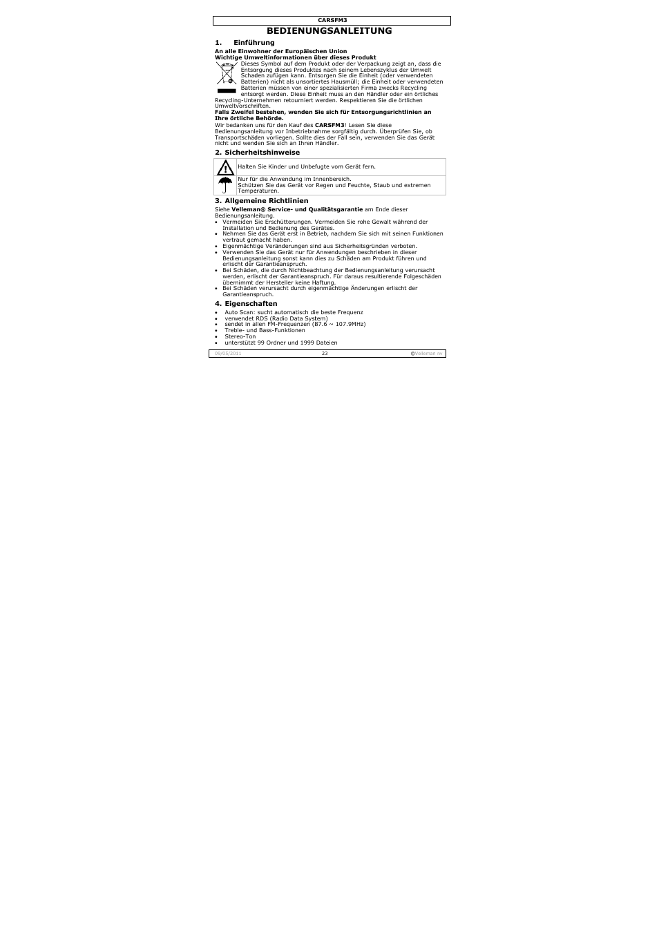 Bedienungsanleitung, Bedienun, Ngsanleitu | Velleman CARSFM3 User Manual | Page 23 / 32