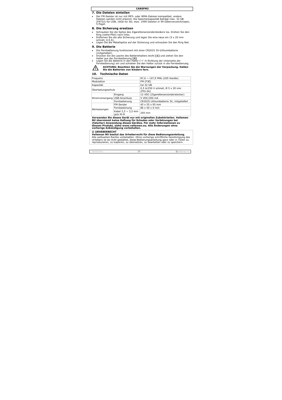 Velleman CARSFM3 User Manual | Page 27 / 32