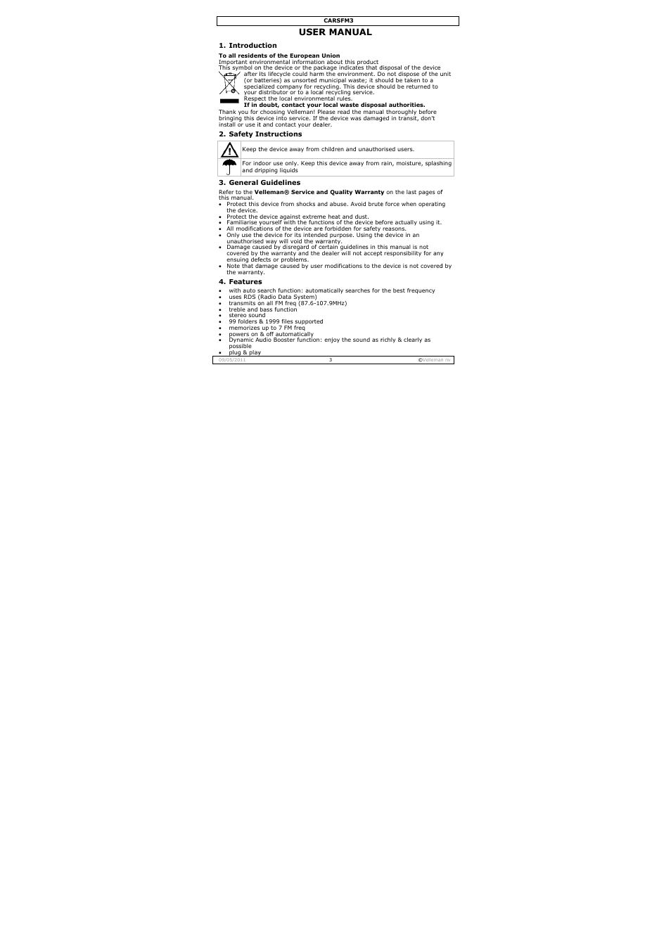 User manual, User, R manual | Velleman CARSFM3 User Manual | Page 3 / 32