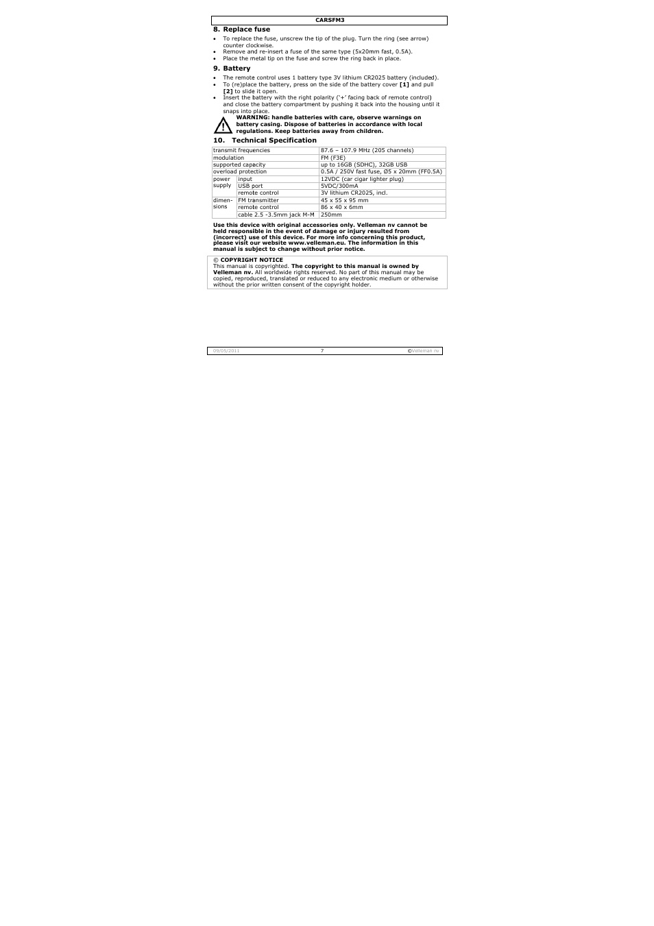 Velleman CARSFM3 User Manual | Page 7 / 32