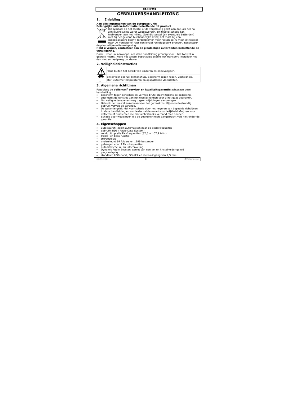 Gebruikershandleiding, Gebruiker, Rshandleid | Ding | Velleman CARSFM3 User Manual | Page 8 / 32