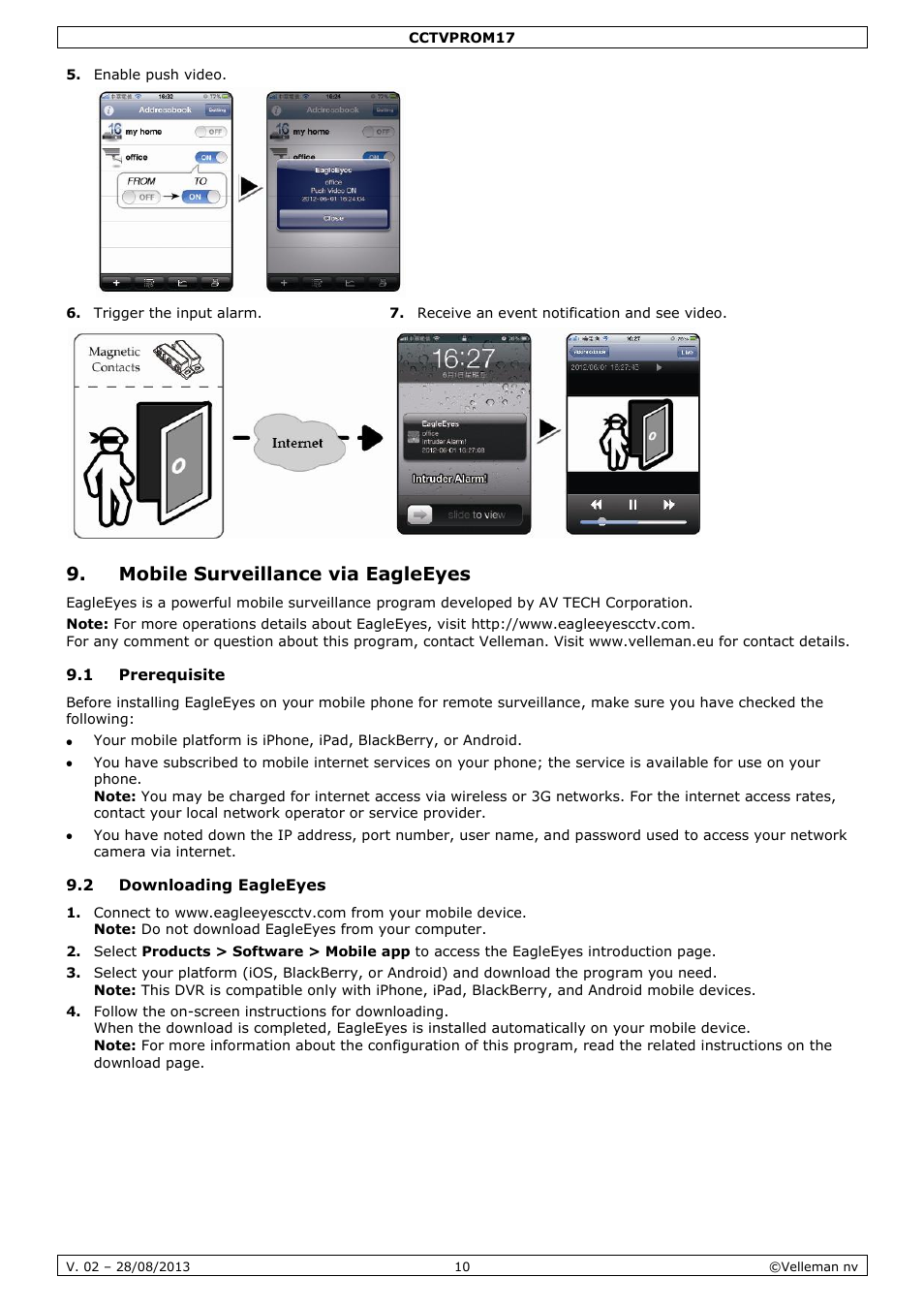 Mobile surveillance via eagleeyes, 1 prerequisite, 2 downloading eagleeyes | Velleman CCTVPROM17 User Manual | Page 10 / 87