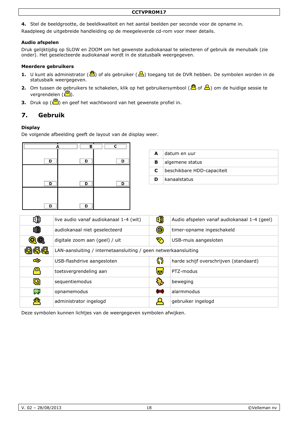 Audio afspelen, Meerdere gebruikers, Gebruik | Display | Velleman CCTVPROM17 User Manual | Page 18 / 87