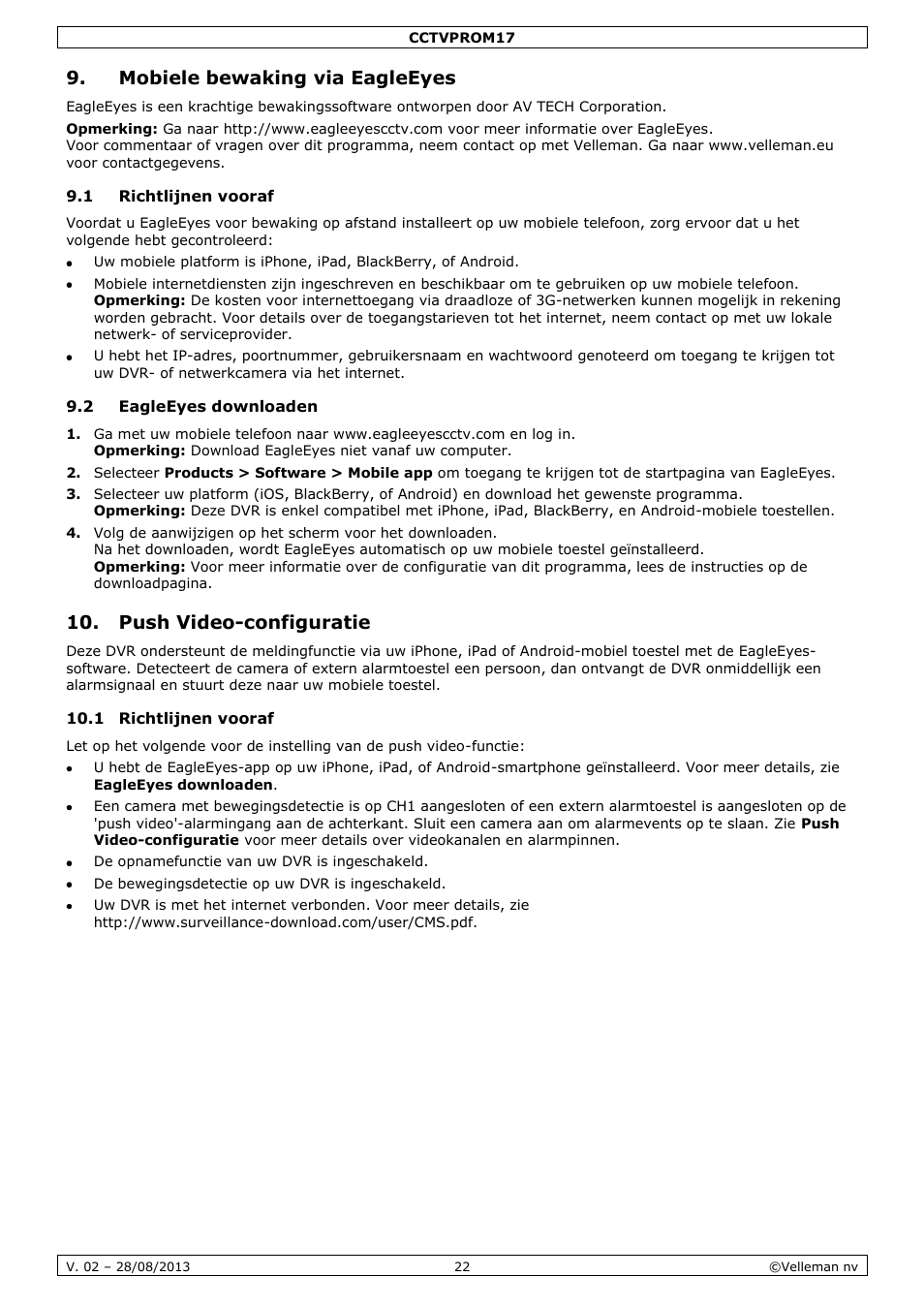 Mobiele bewaking via eagleeyes, 1 richtlijnen vooraf, 2 eagleeyes downloaden | Push video-configuratie | Velleman CCTVPROM17 User Manual | Page 22 / 87