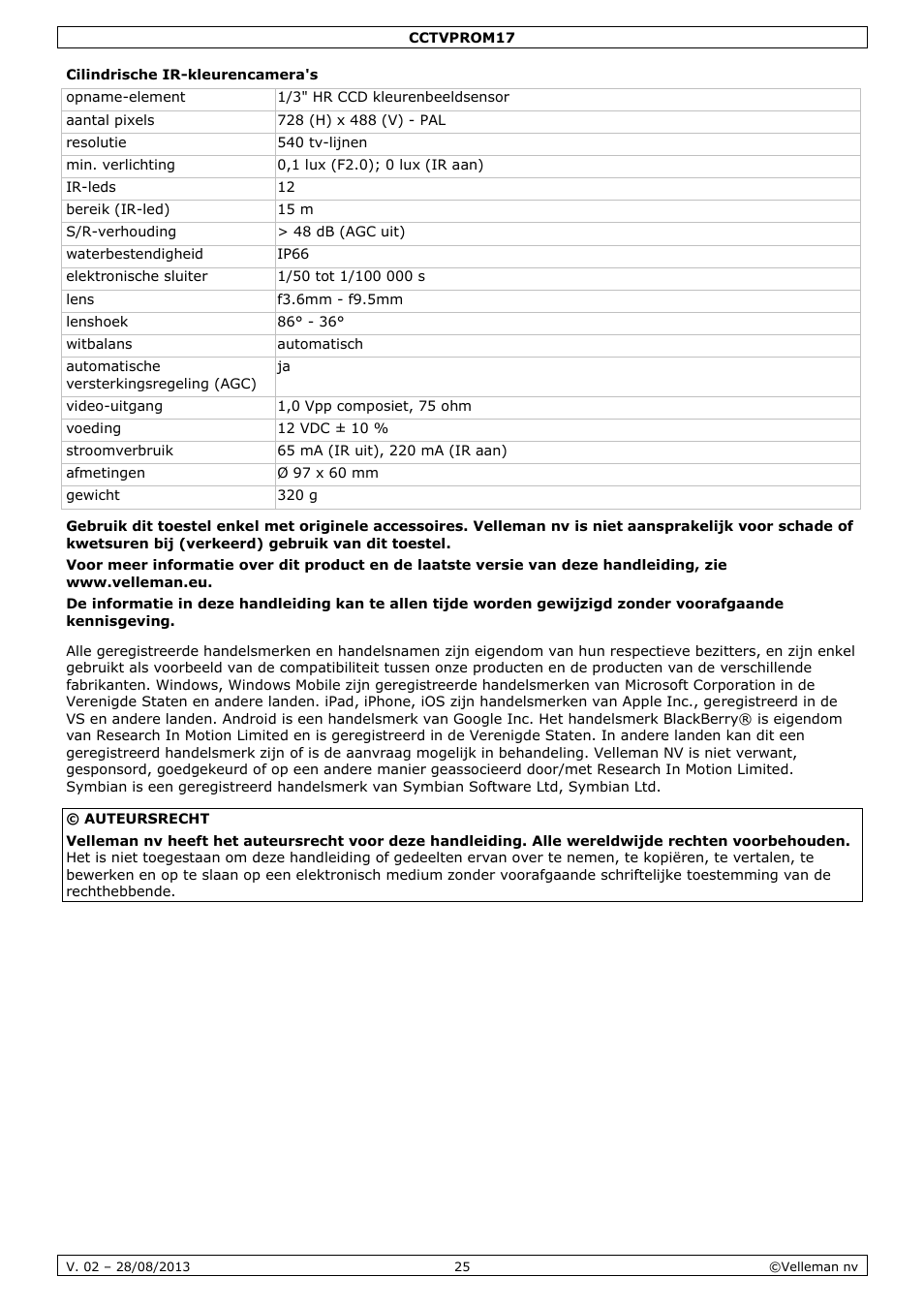 Cilindrische ir-kleurencamera's | Velleman CCTVPROM17 User Manual | Page 25 / 87