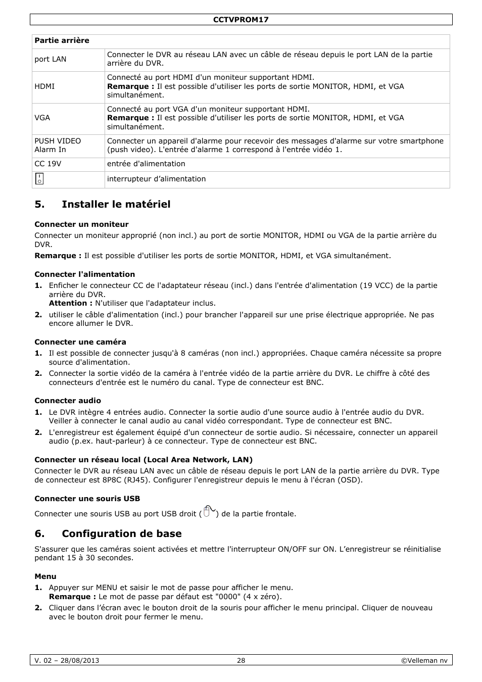 Installer le matériel, Connecter un moniteur, Connecter l'alimentation | Connecter une caméra, Connecter audio, Connecter une souris usb, Configuration de base, Menu | Velleman CCTVPROM17 User Manual | Page 28 / 87