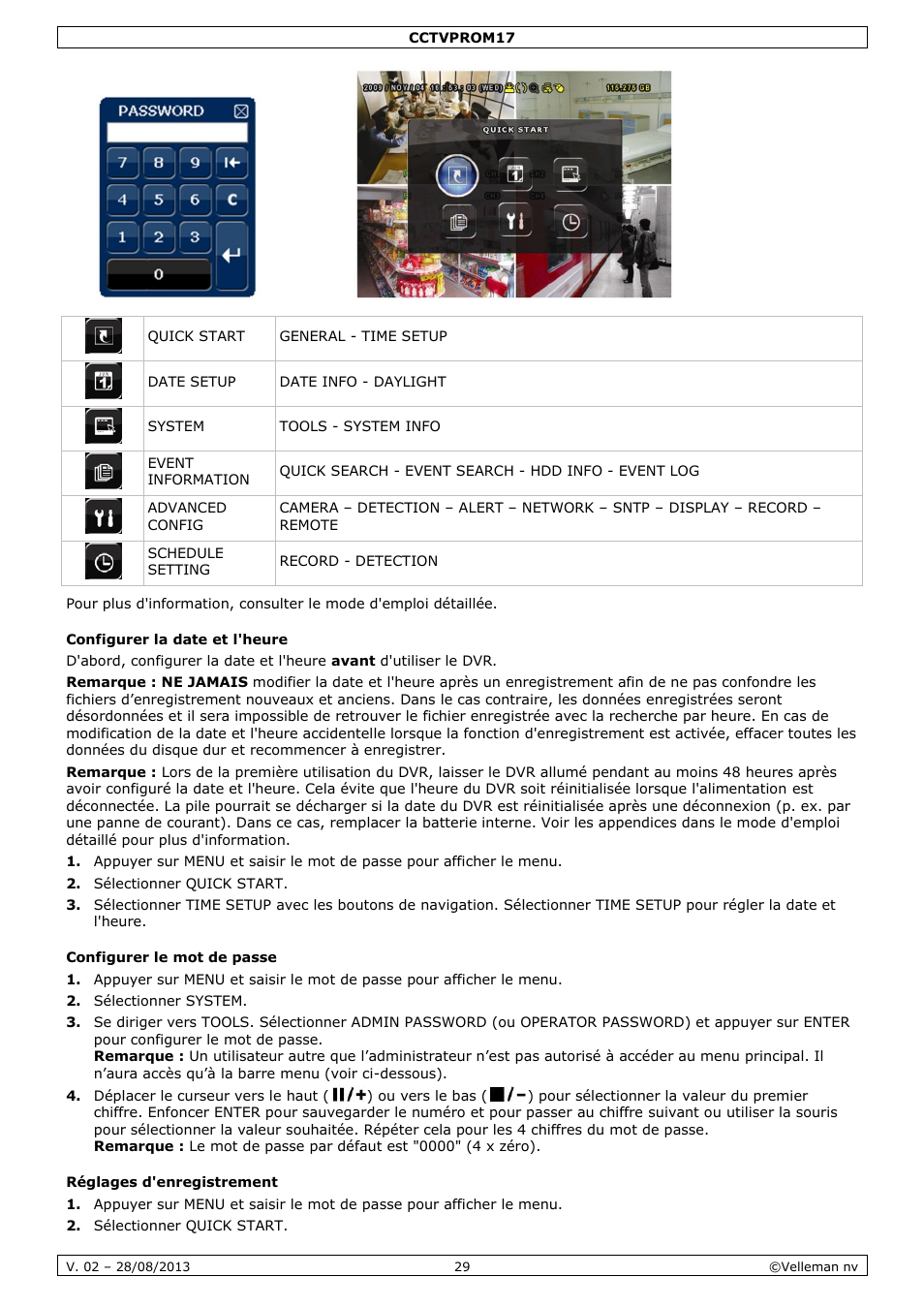 Configurer la date et l'heure, Configurer le mot de passe, Réglages d'enregistrement | Velleman CCTVPROM17 User Manual | Page 29 / 87