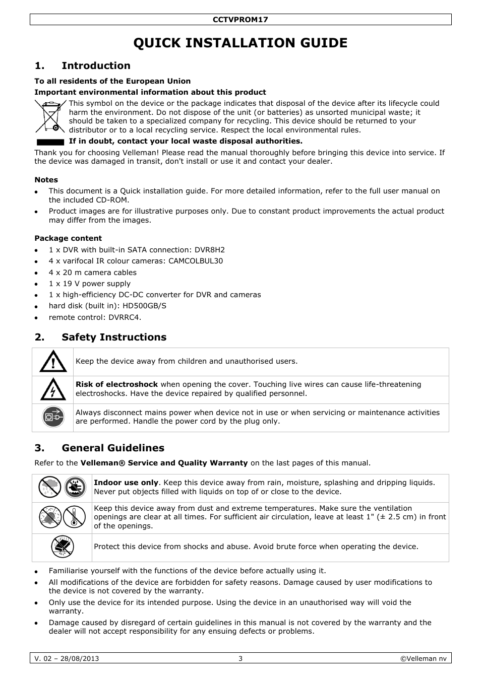 Quick installation guide, Introduction, Notes | Package content, Safety instructions, General guidelines | Velleman CCTVPROM17 User Manual | Page 3 / 87