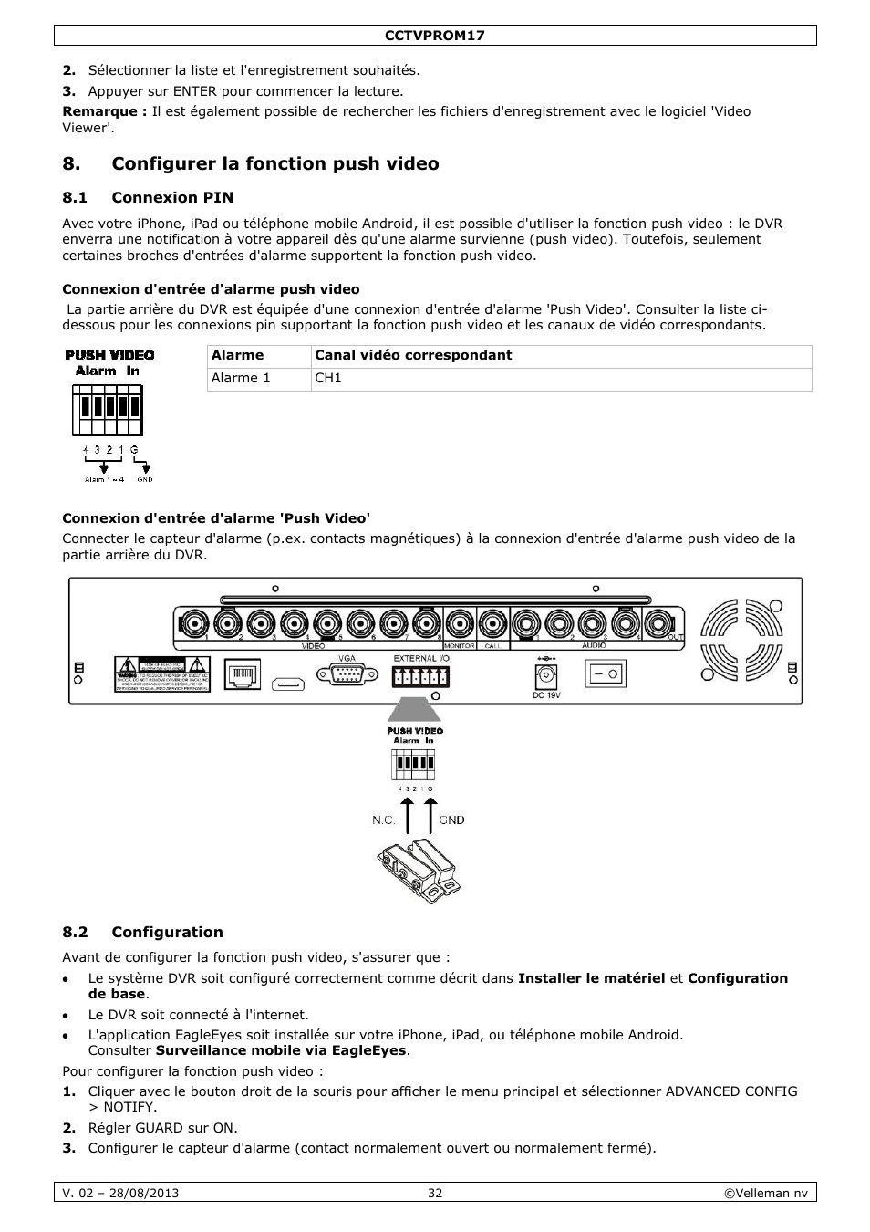 Configurer la fonction push video, 1 connexion pin, Connexion d'entrée d'alarme push video | Connexion d'entrée d'alarme 'push video, 2 configuration | Velleman CCTVPROM17 User Manual | Page 32 / 87