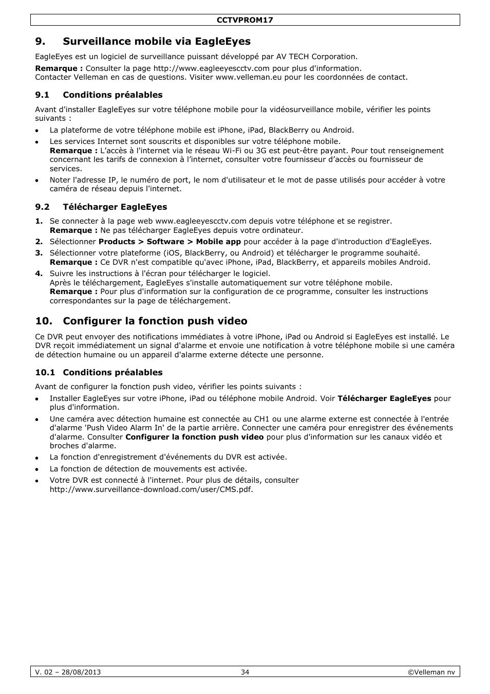 Surveillance mobile via eagleeyes, 1 conditions préalables, 2 télécharger eagleeyes | Configurer la fonction push video | Velleman CCTVPROM17 User Manual | Page 34 / 87