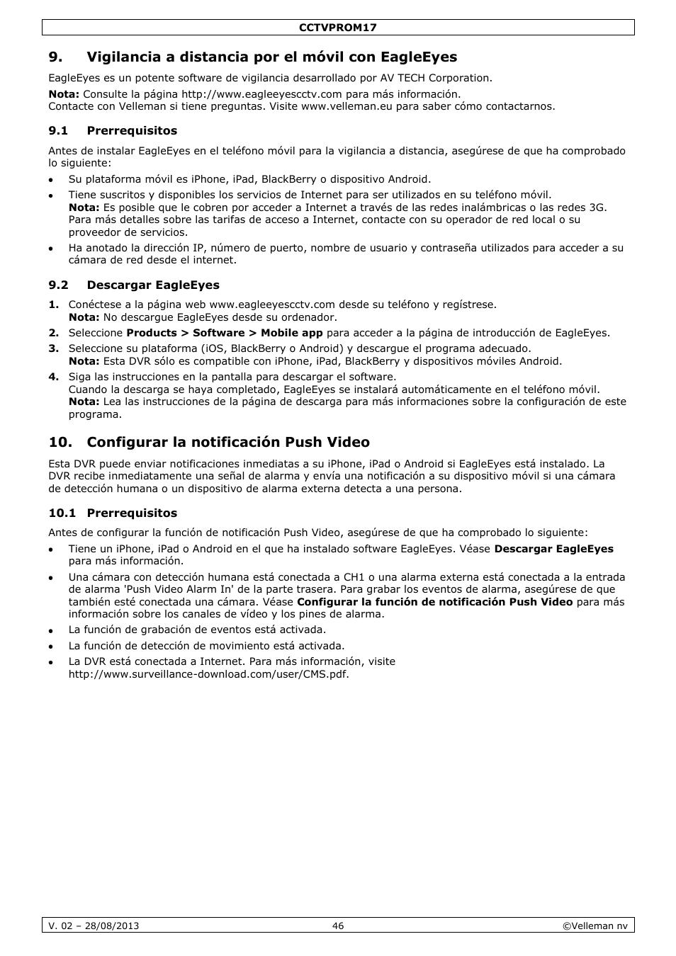 Vigilancia a distancia por el móvil con eagleeyes, 1 prerrequisitos, 2 descargar eagleeyes | Configurar la notificación push video | Velleman CCTVPROM17 User Manual | Page 46 / 87