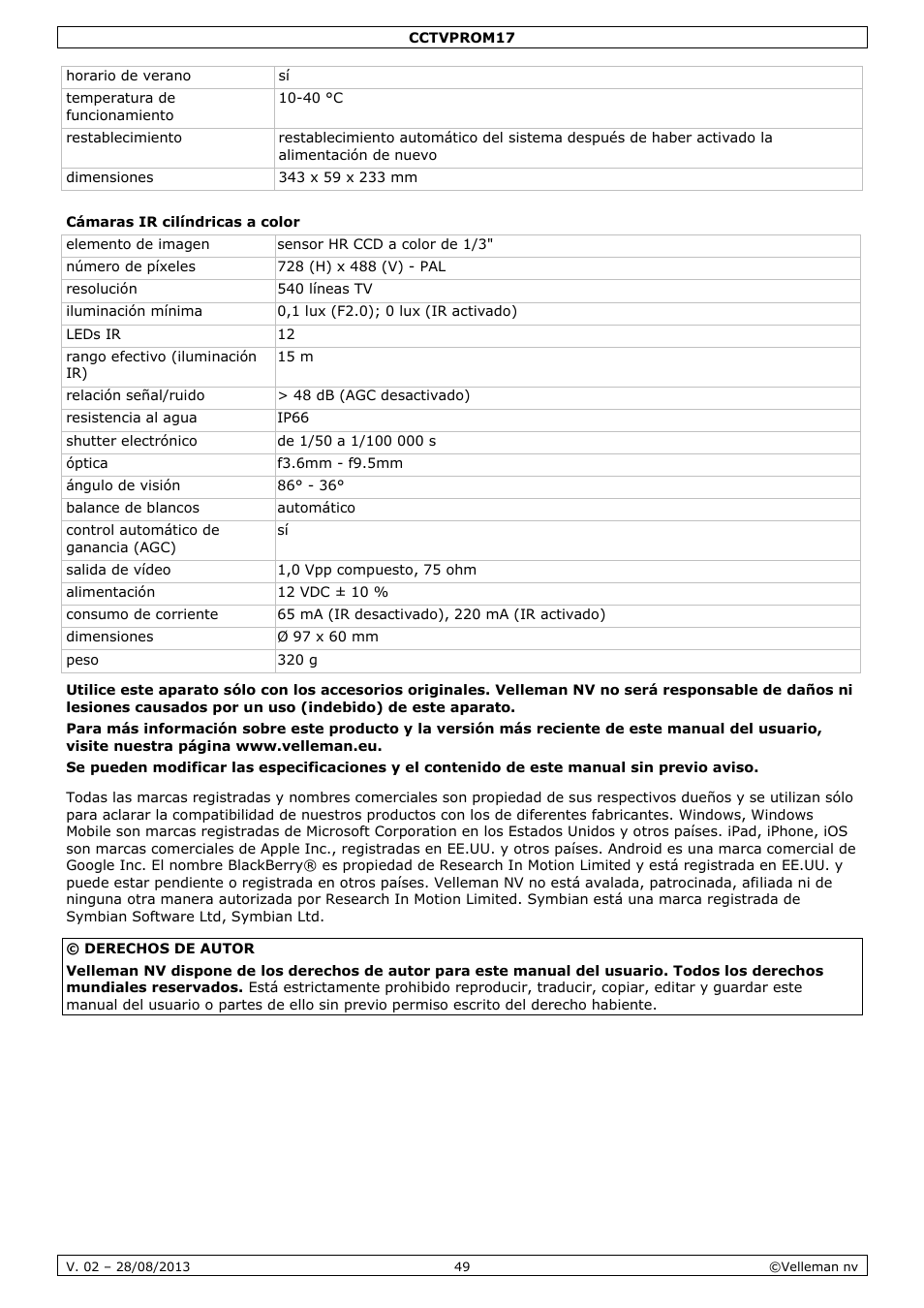 Cámaras ir cilíndricas a color | Velleman CCTVPROM17 User Manual | Page 49 / 87