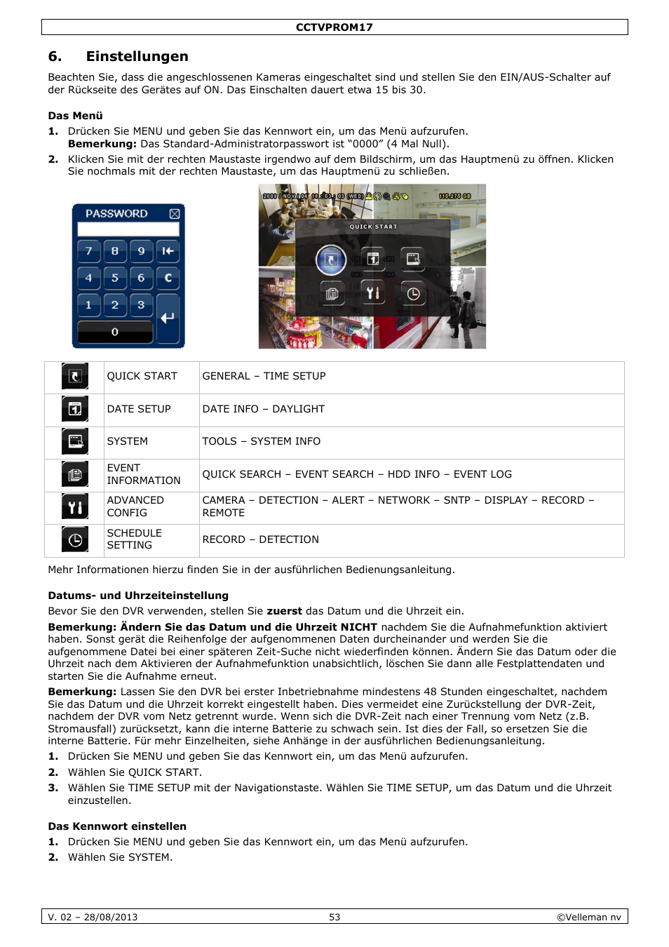 Einstellungen, Das menü, Datums- und uhrzeiteinstellung | Das kennwort einstellen | Velleman CCTVPROM17 User Manual | Page 53 / 87